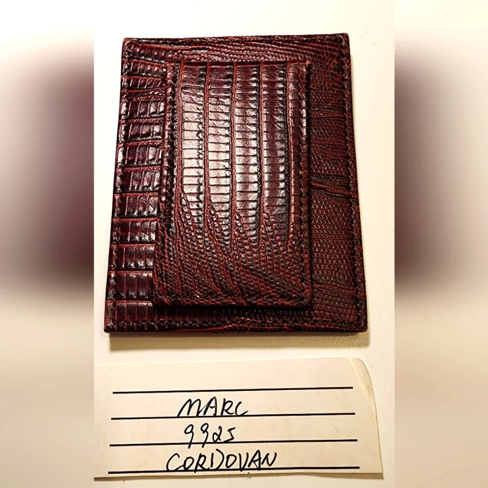 Men's 100% Lizard Shell Cordovan Money Clip/Two Card Slot Wallet.  Wine.